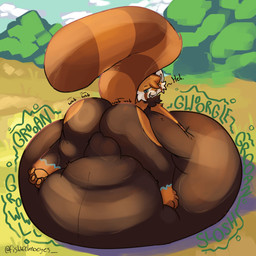 4_toes after_vore ambiguous_gender anthro belly big_belly blue_eyes butt butt_expansion cloud day digestion expansion featureless_crotch feet fur huge_belly multicolored_body multicolored_fur orange_body orange_fur outside pawpads plant sky solo tail tan_pawpads toes tree vore fishwithnoeyes ailurid mammal red_panda 1:1 hi_res shaded