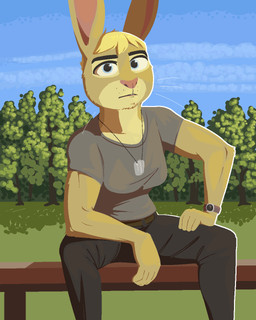 5_fingers anthro belt bench black_bottomwear black_clothing black_pants blonde_hair blue_eyes blue_sky bottomwear breasts chin_tuft clock clothing cloud countershade_face countershade_fur countershading detailed_background dog_tags eyebrows facial_tuft female fingers front_view fur grass grey_clothing grey_shirt grey_topwear hair hand_on_leg long_ears looking_at_viewer muscular muscular_female on_bench outside pants parted_lips pink_nose plant shirt sitting sitting_on_bench sky solo spread_legs spreading topwear tree tuft watch whisker_spots whiskers white_sclera wristwatch yellow_body yellow_fur conditional_dnp tangerine_(artist) andreas_kaninsen lagomorph leporid mammal rabbit 2025 4:5 aliasing binary_drawing digital_drawing_(artwork) digital_media_(artwork) hi_res portrait three-quarter_portrait trans_(lore) trans_man_(lore)