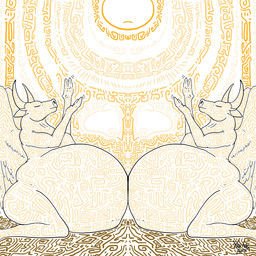 anthro belly big_belly big_breasts breasts cow_ears duo eyes_closed female horn huge_belly kneeling nipples overweight overweight_anthro overweight_female simple_background sun white_background wings yellow_lines yauhasart bovid bovine mammal 1:1 flat_colors hi_res watermark
