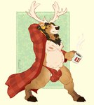 anthro antlers balls bathrobe beverage bodily_fluids body_hair brown_body brown_fur clothed clothing coffee coffee_mug fur genital_fluids genitals hair happy_trail hooves horn jockstrap_bulge male mostly_nude_male muscular nipples open_clothing open_robe plaid precum robe simple_background slightly_chubby smile solo steam thick_thighs koorivlf dafallen0ne deer mammal 2023 digital_media_(artwork) full-length_portrait portrait signature