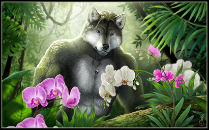 anthro backlighting black_body black_fur black_nose blue_eyes border day flower fur hair jewelry light log male muscular muscular_anthro muscular_male necklace nude outside plant short_hair smile solo tree white_body white_fur wood yin_yang tina_leyk canid canine canis mammal wolf detailed lighting