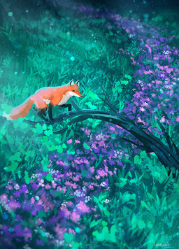 ambiguous_gender belly black_markings bridge detailed_background feral flower fluffy fluffy_tail fur grass high-angle_view leg_markings log markings nature orange_body orange_fur outside plant raised_leg socks_(marking) solo standing tail walking white_belly wood zandraart canid canine fox mammal red_fox true_fox 2018