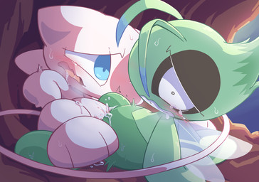 anthro barely_visible_genitalia barely_visible_vulva blue_eyes blush bodily_fluids chibi clenched_teeth constricted_pupils drooling duo female female/female genital_fluids genitals green_body long_tail pink_body pupils saliva sex small_pupils sweat tail tears teeth thick_thighs thin_thighs tribadism vaginal vaginal_fluids vulva wings nettsuu nintendo pokemon celebi generation_1_pokemon generation_2_pokemon legendary_pokemon mew_(pokemon) pokemon_(species) shaded
