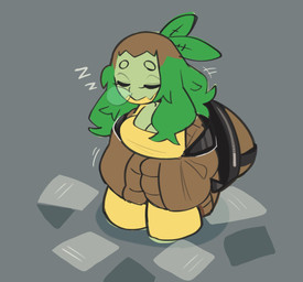 anthro backpack clothing female fluffy fluffy_hair green_body green_hair hair on_ground sleeping solo sweater topwear yellow_clothing egobitz nintendo pokemon veevee_(egobitz) generation_4_pokemon pokemon_(species) reptile scalie turtle turtwig hi_res