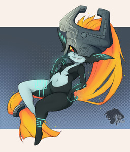 belly black_body breasts clothing featureless_breasts featureless_crotch female fingers fused_shadow grey_body grey_skin grin hair headgear headwear mostly_nude navel one_eye_obstructed orange_hair orange_sclera pointy_ears pupils red_eyes smile solo teeth skyversa nintendo the_legend_of_zelda twilight_princess midna humanoid twili absurd_res hi_res watermark