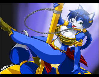 accessory anthro bare_shoulders big_breasts black_nose blue_body blue_fur blue_hair bottomwear braided_hair breasts chain chain_leash cleavage clothed clothing collar costume dancing female fur green_eyes hair hair_accessory leash loincloth long_hair looking_at_viewer midriff one_eye_closed open_mouth pole pole_dancing skimpy slave slave_leia_costume smile solo stripper_pole tongue white_body white_fur wink shonuff nintendo star_fox star_wars krystal_(star_fox) canid canine fox mammal 2014 hi_res signature