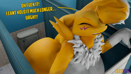 anthro bathroom big_breasts big_butt black_nose breasts butt dialogue dipstick_ears dipstick_tail ear_markings eyes_closed facial_markings female fur head_markings huge_breasts huge_butt huge_thighs hyper hyper_butt imminent_fart markings multicolored_ears multicolored_tail neck_tuft nipples nude public_restroom solo stuck stuck_in_door tail tail_markings teeth text thick_thighs toilet tuft white_body white_fur wide_hips yellow_body yellow_fur asriren warfaremachine_(modeler) bandai_namco digimon warfare_renamon canid canine digimon_(species) mammal renamon 16:9 2022 3d_(artwork) 4k absurd_res blender_(artwork) digital_media_(artwork) hi_res watermark widescreen