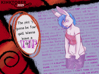 alternative_fashion anthro blue_hair bottomwear clothed clothing female female_anthro flashing flashing_pussy forced forced_exposure hair humiliation hypnosis hypnotized_female mind_control panties pants public public_humiliation punk shirt solo submissive submissive_female tank_top text text_box text_emphasis topwear underwear undressing disnomia nyxapnea kinktober kat_(disnomia) lagomorph leporid mammal rabbit artist_collaboration colored_sketch hi_res sketch