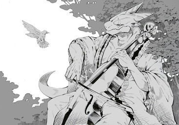 anthro bowed_string_instrument cello clothing duo horn kemono male musical_instrument plant playing_music robe scar solo_focus string_instrument tail tree dera_kimidori mythology avian bird dragon mythological_creature mythological_scalie scalie monochrome