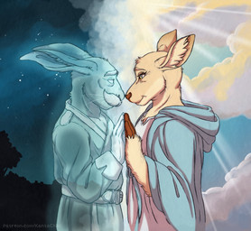 afterlife anthro arm_tuft belt blouse bottomwear breasts buckteeth chest_tuft clothing cloud day duo ear_tuft elderly elderly_female elderly_male facial_hair female fingers floating fur fur_tuft glistening glistening_body gloves glowing hand_holding hand_on_hand handwear heaven hooved_fingers hooves kissing left-handed light light_beam male male/female mature_female mature_male medieval medieval_clothing melancholic memory mustache night nose_kiss nose_kisses nose_kissing pants pivoted_ears pose priest priest_robes romantic romantic_ambiance romantic_couple royalty sad smile sun sunbeam sunlight teeth text topwear translucent translucent_body tuft vestal warrior whiskers white_eyes wineskin wrist_tuft yellow_eyes kantachibli tales_from_valmeridia princess_rosaspina sir_cordiale deer ghost hare lagomorph leporid mammal spirit absurd_res full-length_portrait hi_res portrait story story_in_description url