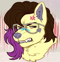angry anthro bared_teeth brown_hair canine_teeth cross-popping_vein eyewear fur glasses grey_nose hair heart_(marking) looking_at_viewer male markings multicolored_hair purple_hair snarling solo teeth two_tone_hair yellow_body yellow_fur pepperpkmon88 canid canine canis domestic_dog mammal shiba_inu spitz headshot_portrait model_sheet portrait