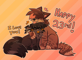 accessory ambiguous_gender arm_around_partner blush blush_lines brown_body brown_fur cheek_tuft chest_tuft chibi circle_eyebrows countershade_face countershade_torso countershading dipstick_ears dipstick_tail ear_markings ear_piercing eyebrows eyes_closed eyewear facial_markings facial_tuft feather_in_hair feathers feral fur glasses gloves_(marking) hair hair_accessory hair_over_eyes happy head_markings head_tuft heart_symbol highlights_(coloring) leg_markings loose_feather markings mullet multicolored_ears notched_ear orange_blush orange_tongue outline paws piercing rectangular_glasses romantic romantic_couple simple_background sitting smile socks_(marking) spots spotted_body spotted_fur spotted_markings spotted_tail striped_body striped_face striped_legs striped_markings striped_tail stripes tail tail_markings teeth text tongue tongue_out tuft tufted_ears wastepaw dakota_(azhfurr) kestrel_(wastepaw) canid canine canis domestic_cat domestic_dog felid feline felis mammal 2025 digital_media_(artwork) english_text hi_res shaded simple_shading