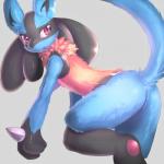 ambiguous_gender anthro black_body black_fur blue_body blue_fur butt cute_fangs daww fangs fur looking_back neck_tuft open_mouth raised_tail red_eyes simple_background solo tail tan_body tan_fur teeth tuft hopping4 nintendo pokemon canid canine generation_4_pokemon lucario mammal pokemon_(species) 1:1 2018 hi_res