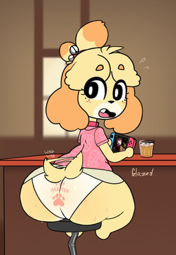 anthro back-print_panties big_butt black_eyes black_nose blush blush_lines bodily_fluids bottom_heavy bottomwear butt clothed clothing collar eyelashes female footprint fur furniture holding_console huge_butt looking_back open_mouth orange_body orange_fur panties pattern_clothing pattern_topwear paw_panties paw_print_panties paw_print_underwear paw_underwear pawprint pink_clothing pink_topwear print_clothing print_panties print_underwear rear_view sitting skirt snaggle_tooth solo stool stool_breaking sweat sweaty_butt tail tail_motion tail_under_skirt tail_upskirt tailwag tan_bottomwear tan_clothing tan_skirt text text_on_clothing text_on_panties text_on_underwear topwear underwear upskirt white_body white_clothing white_fur white_panties white_underwear yellow_body yellow_fur glazeddd animal_crossing nintendo nintendo_switch isabelle_(animal_crossing) canid canine canis domestic_dog mammal shih_tzu toy_dog
