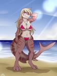 3_toes anthro beach bikini biped blonde_hair breasts clothed clothing cloud curvy_figure detailed_background digitigrade feet female gills hair hand_behind_head jewelry long_hair necklace non-mammal_breasts open_mouth outside pink_body pink_eyes pose sand seaside skimpy sky smile solo standing swimwear teeth thick_thighs thigh_gap toes two-piece_swimsuit voluptuous water wide_hips muzz fish marine shark 2014 pinup