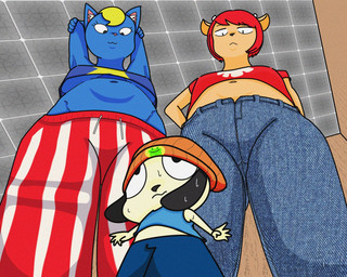 anthro black_eyes black_nose blonde_hair blue_body blue_fur breasts clothed clothing eyelashes female floppy_ears front_view fur group hair hands_behind_head head_tuft larger_female lop_ears low-angle_view male navel orange_body orange_fur red_hair short_hair size_difference smaller_male tan_body tan_fur thick_thighs trio tuft wide_hips canacrow parappa_the_rapper sony_corporation sony_interactive_entertainment um_jammer_lammy katy_kat lammy_lamb parappa bovid canid canine canis caprine domestic_cat domestic_dog felid feline felis mammal sheep 5:4 hi_res