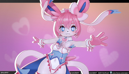 anthro black_border black_nose blue_clothing blue_eyes blush blush_lines border breasts cleavage clothed clothing cross_pupils eyelashes female front_view fur gloves_(marking) hair leotard looking_at_viewer magical_girl_outfit markings navel_outline pattern_background pink_background pink_body pink_fur pink_hair short_hair simple_background small_breasts smile solo thick_thighs white_body white_clothing white_fur white_leotard wide_hips zy0n7 nintendo pokemon eeveelution generation_6_pokemon pokemon_(species) sylveon 3d_(artwork) digital_media_(artwork) hi_res