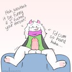 anthro balls bed blush bodily_fluids bottomless clothed clothing furniture genital_fluids genitals horn leaking_precum looking_at_viewer looking_down male no_homo penis precum precum_on_penis scarf solo text sarcobutter deltarune undertale_(series) ralsei bovid caprine darkner goat mammal 1:1 hi_res