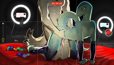 420_(number) ambiguous_gender anal anal_penetration anthro bed bed_sheet bedding bedroom bedroom_sex camera camera_flash camera_view clothing condom condom_box doggystyle duo femboy fluffy fluffy_tail from_behind_position fur furniture genitals grabbing_sheets green_body green_eyes hand_on_hip handwear latex latex_clothing latex_handwear latex_legwear legwear lube_bottle male male/male muscular muscular_anthro muscular_male nude penetration penis phone_screen recording_video red_sheets scales scaly_tail sex sexual_barrier_device skinny skinny_anthro skinny_male tail tapering_penis yellow_body yellow_fur rozalid canid canine lizard mammal reptile scalie absurd_res colored hi_res story story_in_description