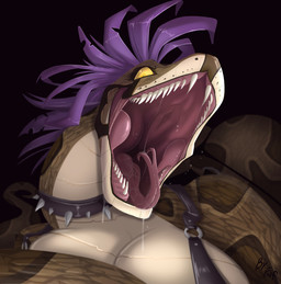 action_pose anthro apode big_breasts black_background breasts brown_body brown_scales brown_spots cleavage clothed clothing collar constricted_pupils female forked_tongue front_view hair legless looking_at_viewer markings mohawk mouth_shot multicolored_body multicolored_scales open_mouth pose pupils purple_hair scales serpentine sharp_teeth short_hair simple_background small_pupils solo spiked_collar spikes spots spotted_body spotted_scales tan_body tan_scales teeth tongue tongue_out two_tone_body two_tone_scales yellow_sclera fuf draconcopode naga reptile scalie snake 2018 hi_res