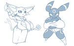 2022 3_fingers 3_toes absurd_res anthro arms_bent barefoot belt_pouch big_breasts big_ears black_body blush bottomwear breast_squish breasts cheek_tuft clothed clothing dagger dress dual_wielding duo ear_piercing ear_ring eeveelution espeon facial_tuft feet female fingers footwear forehead_gem forked_tail fully_clothed gem generation_2_pokemon hi_res holding_object holding_weapon hotpants huge_breasts hyper hyper_breasts looking_at_viewer magic magic_user markings melee_weapon monochrome nintendo nipple_outline obikuragetyan open_mouth piercing pokemon pokemon_(species) ring_(marking) ring_piercing short_stack shorts simple_background sketch squish staff tail toes topwear tuft umbreon unusual_anatomy unusual_tail weapon white_background