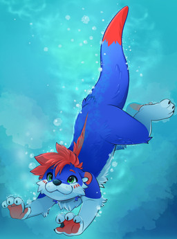 black_claws blue_body blue_fur cheek_tuft claws cute_fangs dipstick_tail eyebrows facial_tuft fangs feral feral_with_hair fur green_eyes hair looking_up male markings multicolored_body multicolored_fur red_eyebrows red_hair red_markings short_hair smile solo swimming tail tail_markings teeth tuft underwater water whiskers feve mammal mustelid otter colored digital_drawing_(artwork) digital_media_(artwork) hi_res shaded