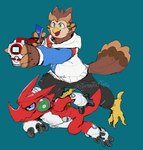 anthro blue_eyes brown_body brown_feathers clothing digivice duo electronics feathers feet headphones hoodie male red_body sketchy talons toes topwear tatertottoto bandai_namco digimon avian bird digimon_(species) owl shoutmon hi_res