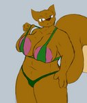 anthro areola areola_slip big_areola big_breasts breasts clothed clothing clothing_lift deep_cleavage female hand_on_hip head_tilt huge_areola midriff simple_background skimpy slightly_chubby solo swimwear topwear axentooth illah_(axentooth) mammal rodent sciurid tree_squirrel