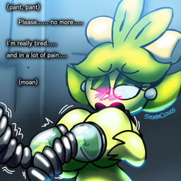 anthro big_breasts black_sclera blush bodily_fluids breast_milking breasts dialogue ear_piercing eyeshadow female gem green_body green_eyeshadow green_hair green_nipples hair huge_breasts lactating lactating_olive_oil machine makeup milking_machine nipples nude nude_anthro nude_female open_mouth pearl_(gem) piercing plant projectile_lactation solo text white_eyes filthycottonart unfortu-nate nintendo pokemon amanda_(unfortu-nate) dolliv elemental_creature flora_fauna generation_9_pokemon pokemon_(species) 1:1 2023 digital_media_(artwork) english_text hi_res