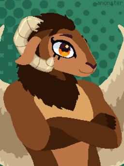anthro biped brown_body brown_fur brown_hair countershade_fur countershading crossed_arms eye_markings fur gloves_(marking) green_background hair halftone_background horn male mane markings pattern_background simple_background solo tan_body tan_fur tan_horn wings yellow_eyes anonster mythology bovid caprine felid hybrid mammal mythological_creature mythological_sphinx sheep 3:4 digital_media_(artwork) halftone pixel_(artwork) watermark