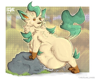 abdominal_bulge blurred_background border brown_body brown_fur brown_inner_ear brown_nose dipstick_ears ear_markings feral fur gloves_(marking) green_ear_tips green_tail gurgle_(sound_effect) leg_markings looking_down looking_down_at_belly looking_down_at_self male markings multicolored_ears onomatopoeia outside rumbling_stomach socks_(marking) solo sound_effects tail text vore white_border yellow_body yellow_fur eliaslynxie nintendo pokemon eeveelution generation_4_pokemon leafeon pokemon_(species) 6:5 absurd_res hi_res