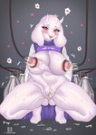 anthro anus areola big_breasts blush bodily_fluids breast_milking breasts clothed clothing female female_anthro fur genital_fluids genitals heart_symbol horn lactating machine masturbation mature_female milking_machine nipples pink_areola pussy smile solo white_body white_fur tadhkm8330 undertale undertale_(series) toriel boss_monster_(undertale) bovid caprine goat mammal absurd_res hi_res