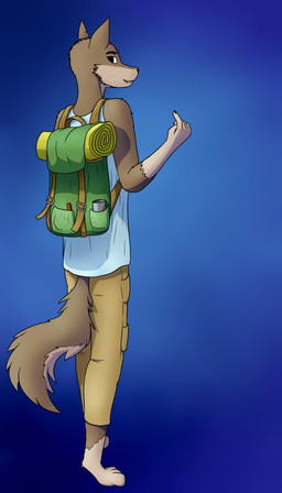 anthro backpack male simple_background solo walking confusedraven canid canine canis domestic_dog mammal wolf 4:7 absurd_res hi_res
