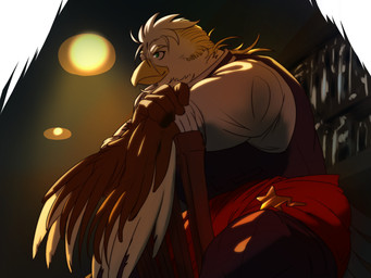anthro beak black_clothing black_topwear black_vest blonde_hair ceiling_lamp chair clothing crossed_arms furniture green_eyes hair lamp male on_chair rolled_up_sleeves sitting sitting_on_chair solo topwear vest marealbum lifewonders tokyo_afterschool_summoners thunderbird_(tas) accipitrid accipitriform avian bald_eagle bird eagle sea_eagle absurd_res hi_res