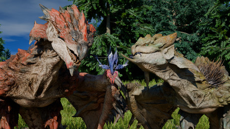 after_transformation blue_eyes bow_(weapon) chin_spikes duo facial_spikes female feral forest forest_background grass green_body green_eyes green_scales holding_in_mouth holding_object holding_weapon looking_at_object male nature nature_background plant pointy_ears ranged_weapon red_body red_scales scales sharp_teeth sky spikes spikes_(anatomy) tail teeth teeth_showing tongue tongue_showing tree weapon wings somniaeon capcom monster_hunter aria_(mrfanman42) russell_(mrfanman42) flying_wyvern rath_wyvern rathalos rathian 16:9 2025 3d_(artwork) blender_(artwork) blender_cycles_(artwork) digital_media_(artwork) hi_res story_at_source widescreen