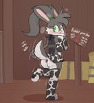 ambiguous_gender animal_print anthro barn black_wings blush bottomwear butt buttplug clothing collar cow_print femboy hair miniskirt one_leg_up plug_(sex_toy) ponytail public_use raised_leg sex_toy shaking sign skirt solo tail tail_motion tailwag wings mr_rottson rotto_(mrrottson) lagomorph leporid mammal rabbit hi_res
