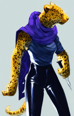 bodysuit breasts clothed clothing female fingers fur holding_object holding_weapon knife melee_weapon simple_background skinsuit solo sword tight_clothing weapon owlfkz felid leopard mammal pantherine