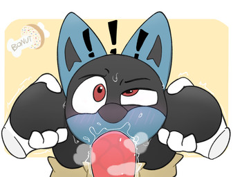 anthro big_penis blush blush_lines bodily_fluids duo face_fucking genitals hair hair_grab irrumatio male male/male oral oral_penetration penetration penile penis penis_in_mouth saliva sex steamy_penis surprised sweat touching_hair bonutdraws nintendo pokemon generation_4_pokemon lucario pokemon_(species)