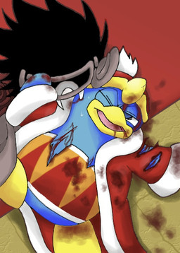 ambiguous_gender anthro beak bite blood blue_body blue_feathers bodily_fluids clothing detailed_background fangs feathers gore hat headgear headwear male male/ambiguous neck_bite one_eye_closed open_mouth robe scar teeth torn_clothing vampirism wounded yellow_beak chasoba11 kirby_(series) nintendo dark_matter_swordsman king_dedede avian bird dark_matter_(kirby) penguin japanese_description
