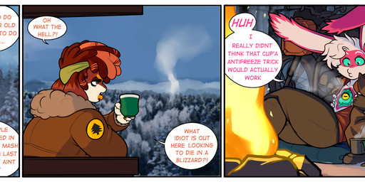 anthro beverage border bottomwear brown_hair clothed clothing container cup dialogue duo eyebrows female fingerless_gloves fingers fur gloves green_eyes hair handwear jacket male mug multicolored_body multicolored_fur outside pants pink_body pink_fur plant snow speech_bubble text topwear tree two_tone_body two_tone_fur white_body white_border white_fur white_hair yellow_sclera mr.pink canela_(mr.pink) pwink_(mr.pink) lagomorph leporid mammal rabbit comic english_text hi_res