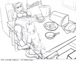 5:4 anthro breasts burping canid canine clothed clothing comic cutlery duo english_text faf fafcomics female fox greyscale hetty_(faf) jimmy_(faf) kitchen_utensils male mammal monochrome obese overweight spoon text tools