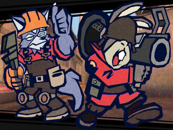 anthro armor buckteeth clothed clothing cosplay footwear fully_clothed gesture hand_gesture hard_hat headgear headwear helmet holding_object open_mouth overalls ranged_weapon red_clothing red_topwear rocket_launcher teeth thumbs_up tools topwear weapon wrench bridgeoffaust nintendo star_fox team_fortress_2 valve engineer_(team_fortress_2) peppy_hare soldier_(team_fortress_2) wolf_o'donnell canid canine canis hare lagomorph leporid mammal wolf