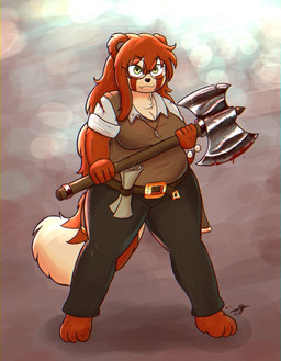 anthro axe belly belt big_belly big_tail biped blood bodily_fluids bottomwear breasts cleavage clothed clothing eyewear fangs female freckled_face freckles fur fur_markings glasses hair holding_axe holding_object jewelry long_hair markings necklace overweight overweight_anthro overweight_female pants shirt solo sweater sweater_vest tail teeth thick_thighs topwear vest wearing_glasses wide_hips pabord ritsuko_(pabord) ailurid mammal red_panda 2026 digital_drawing_(artwork) digital_media_(artwork) hi_res signature