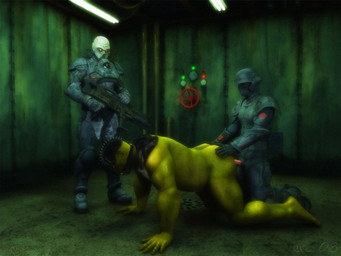all_fours armor biceps doggystyle dominant dominant_male drain erection feet forced from_behind_position genitals green_body green_skin group group_sex gun gunpoint hand_on_butt humanoid_feet male male/male multiple_doms multiple_doms_one_sub muscular muscular_bottom muscular_male muscular_sub on_ground pecs penis plantigrade ranged_weapon rape sex slightly_chubby submissive submissive_male threesome trio weapon corwyn humanoid orc 3d_(artwork) 4:3 digital_media_(artwork)