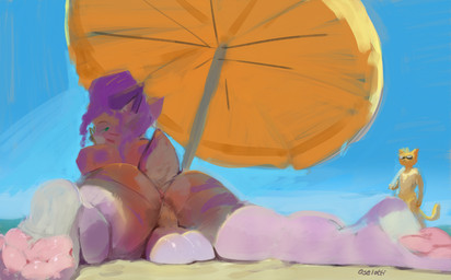 anthro anus backsack balls beach beach_umbrella big_balls butt duo eyewear femboy fur genitals glistening glistening_anus glistening_balls glistening_butt glistening_genitalia glistening_pawpads green_eyes hair long_hair looking_back lying male male_anthro markings narrowed_eyes nude on_front orange_body orange_fur outside parasol pawpads pink_anus presenting presenting_hindquarters purple_body purple_fur purple_hair purple_markings purple_stripes raised_tail sand seaside solo_focus spread_legs spreading standing striped_legs stripes sunglasses tail umbrella oselotti oselotti_(character) felid mammal 2025 absurd_res digital_media_(artwork) digital_painting_(artwork) hi_res painting_(artwork) signature