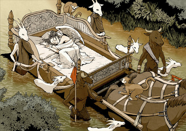 ambiguous_gender anthro bed biped brown_body brown_fur carriage eyes_closed female feral fur furniture grass group horizontal_pupils horn melee_weapon pillow plant polearm pupils quadruped river sleeping spear weapon white_body white_fur ishihara angel angel_humanoid bovid bovine caprine cattle equid equine goat haplorhine horse humanoid mammal monkey primate