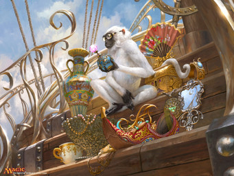 ambiguous_gender beaded_jewelry beads biped blue_sky bowl chest_(container) clothing cloud container copyright_symbol cup eyewear fan_(object) feral footwear fur goggles gold_(metal) gold_jewelry hand_mirror holding_object jewelry logo mirror mug shoes sitting sky smile solo symbol vase white_body white_fur simon_dominic hasbro magic:_the_gathering wizards_of_the_coast ragavan haplorhine mammal monkey primate 2021 hi_res official_art