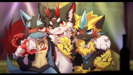 1_horn 2_horns anthro big_eyes black_body black_fur blue_body blue_fur blush fur group horn kemono licking licking_lips looking_at_another male nude_anthro nude_male orange_body orange_fur slim_anthro slim_male standing tongue tongue_out trio white_body white_fur yellow_body yellow_fur hlg7777 mythology nintendo pokemon dragon furred_dragon furred_scalie generation_4_pokemon generation_7_pokemon legendary_pokemon lucario mythological_creature mythological_scalie pokemon_(species) scalie zeraora 2022