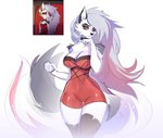 anthro breasts cellphone cleavage clothed clothing collar electronics female fishnet_clothing fishnet_legwear fluffy fluffy_tail fur hair legwear long_hair looking_at_viewer phone red_sclera smartphone solo tail tight_clothing white_body white_fur sofit helluva_boss mythology loona_(helluva_boss) canid canid_demon canine canis demon hellhound mammal mythological_canine mythological_creature