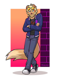 anthro beard blonde_hair blue_eyes brown_body brown_fur brown_nose cjk_character clothed clothing eyewear facial_hair facial_markings fully_clothed fur hair head_markings looking_at_viewer male markings retro snaggle_tooth solo sunglasses synthwave teeth teeth_showing whiskers anjing_kampuss seth_häser herpestid mammal mongoose hi_res